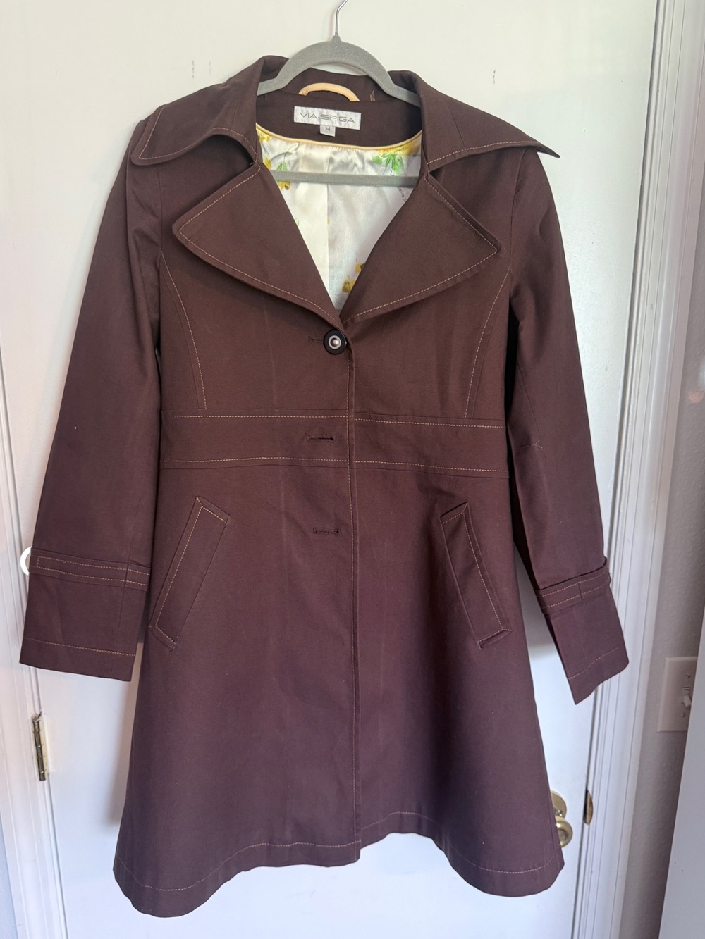 Via Spiga Chocolate Brown Trench Coat Yellow Floral Lining Contrast Stitch Size